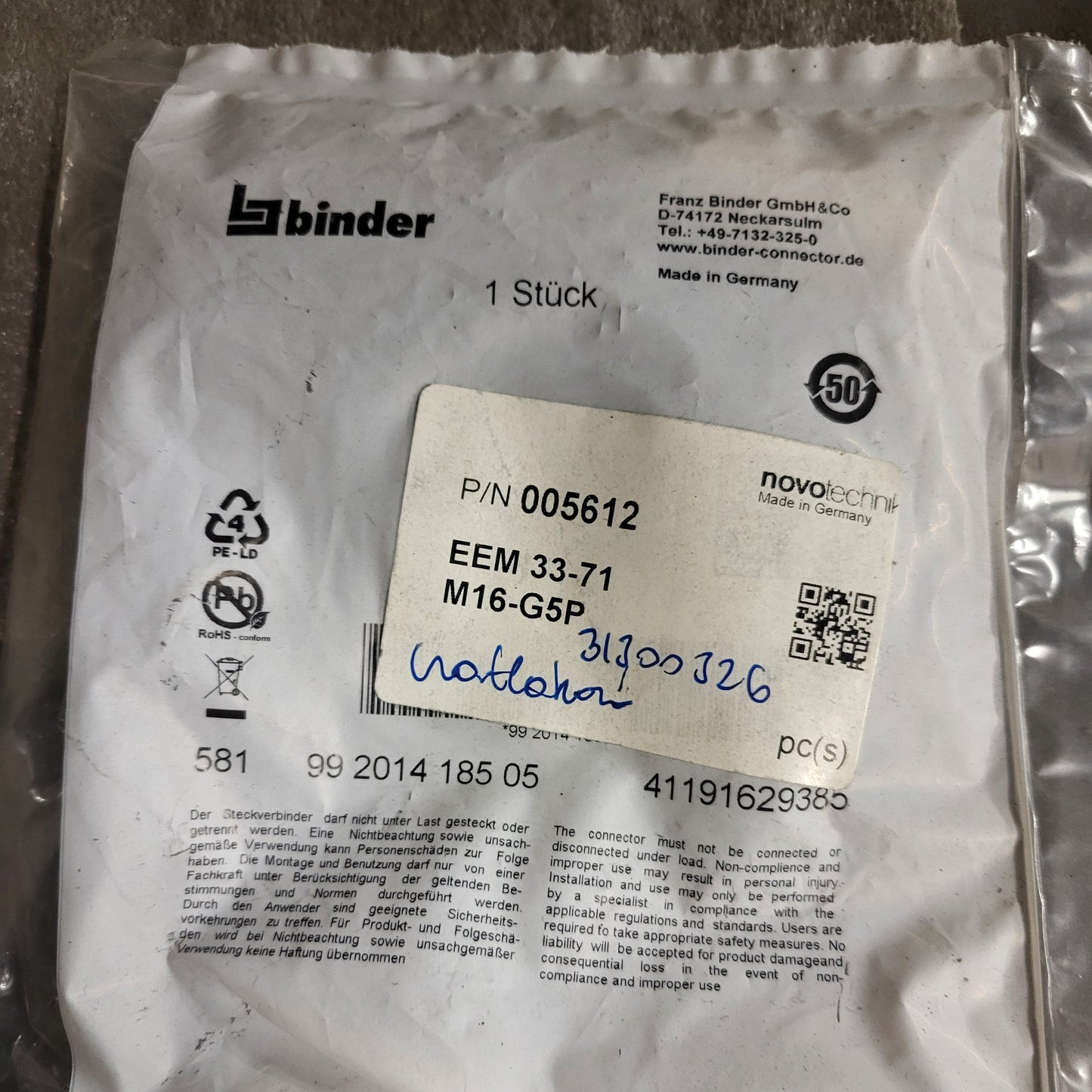 EEM33-71M16-G5P-Stecker, Binder