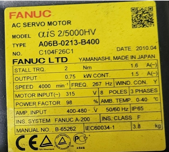 A06B-0213-B400, AC-Servomotor, 0,75 kW, 1,5 A, Fanuc
