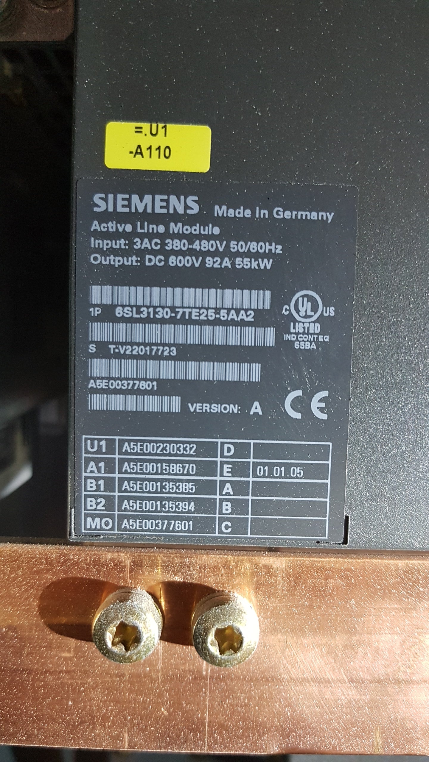 6SL3130-7TE25-5AA2, SINAMICS S120 (Active Line, DC-link modul), 92A, 55kW, Siemens