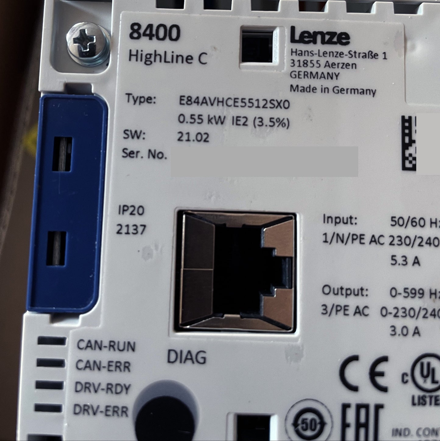 E84AVHCE5512SX0, Lenze Wechselrichter, 8400 HighLine Serie, 3A, 0,55 kW