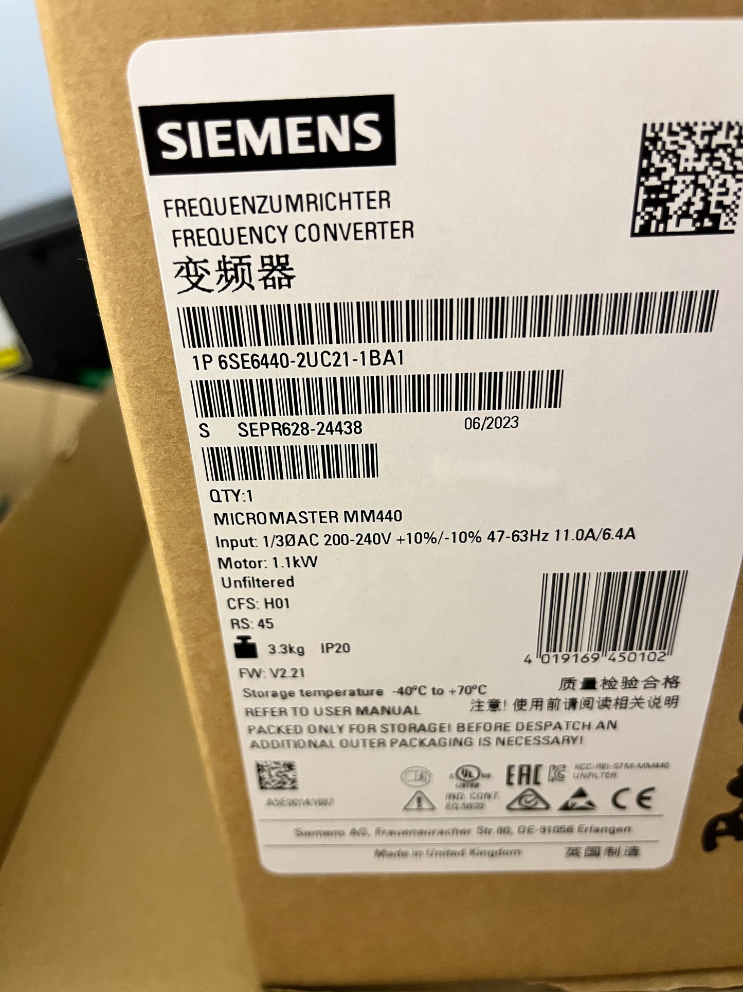6SE6440-2UC21-1BA1, MICROMASTER 440, Frequenzumrichter, Siemens