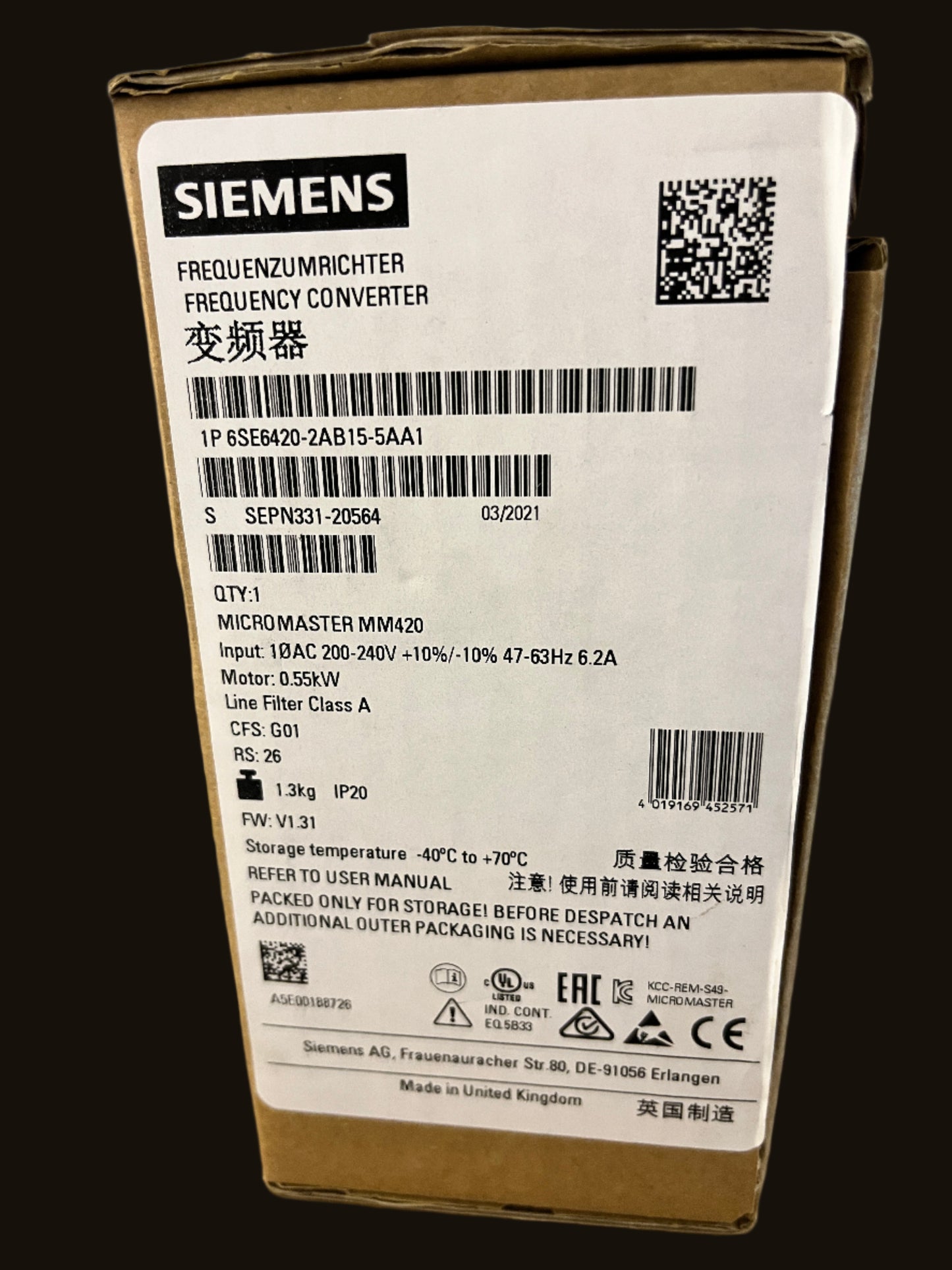 6SE6420-2AB15-5AA1, Micromaster 420, Siemens, Frequenzumrichter, 0,55Kw