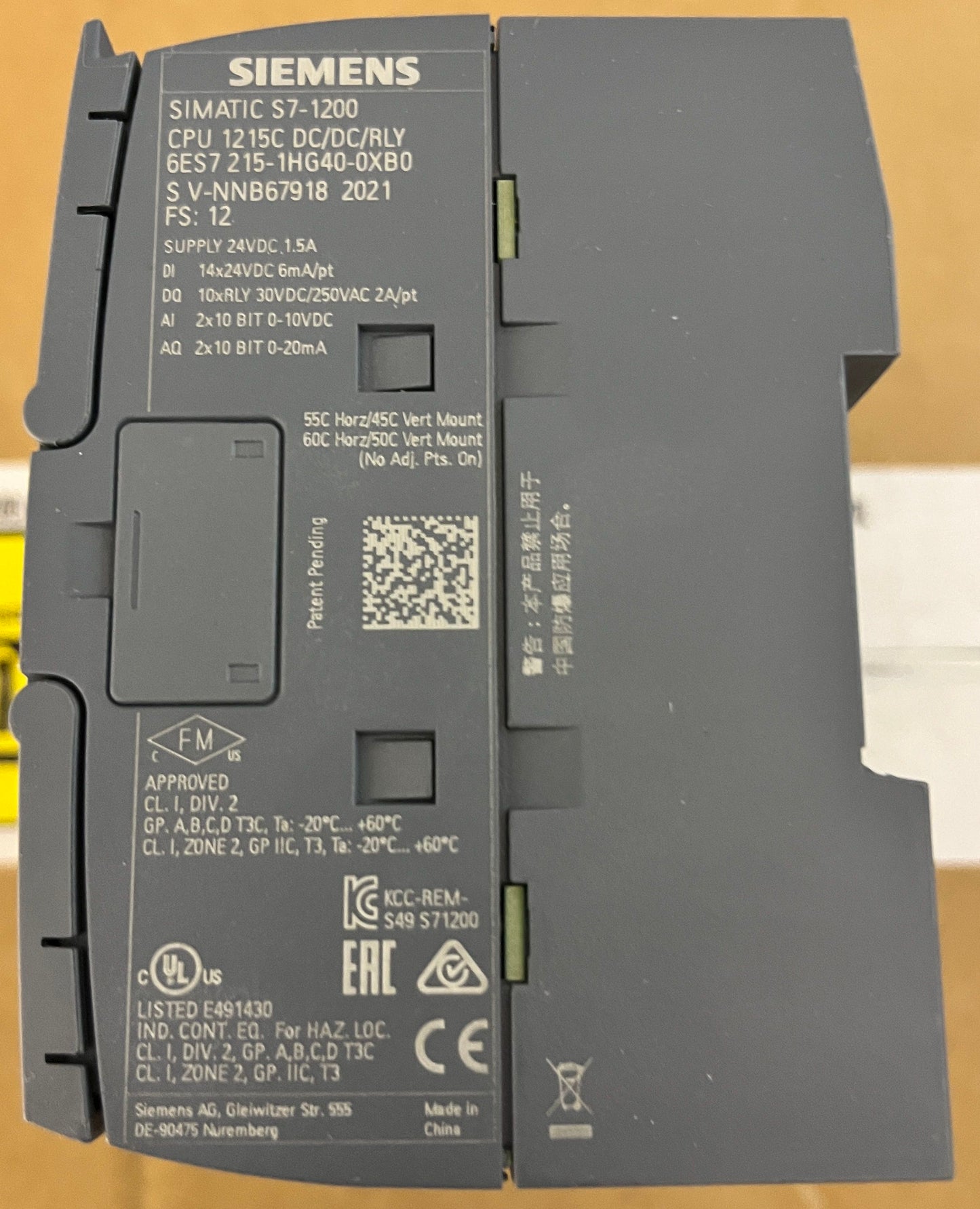 6ES7215-1HG40-0XB0, SIMATIC S7-1200 1215C DC/DC/RLY, Siemens, CPU-modul