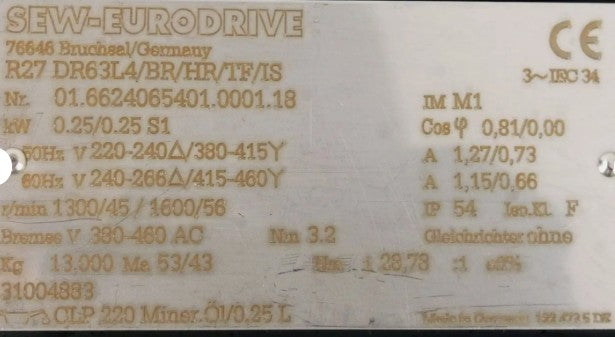 R27DR63L4/BR/HR/TF/IS, SEW, Getriebemotor, 0,25kW