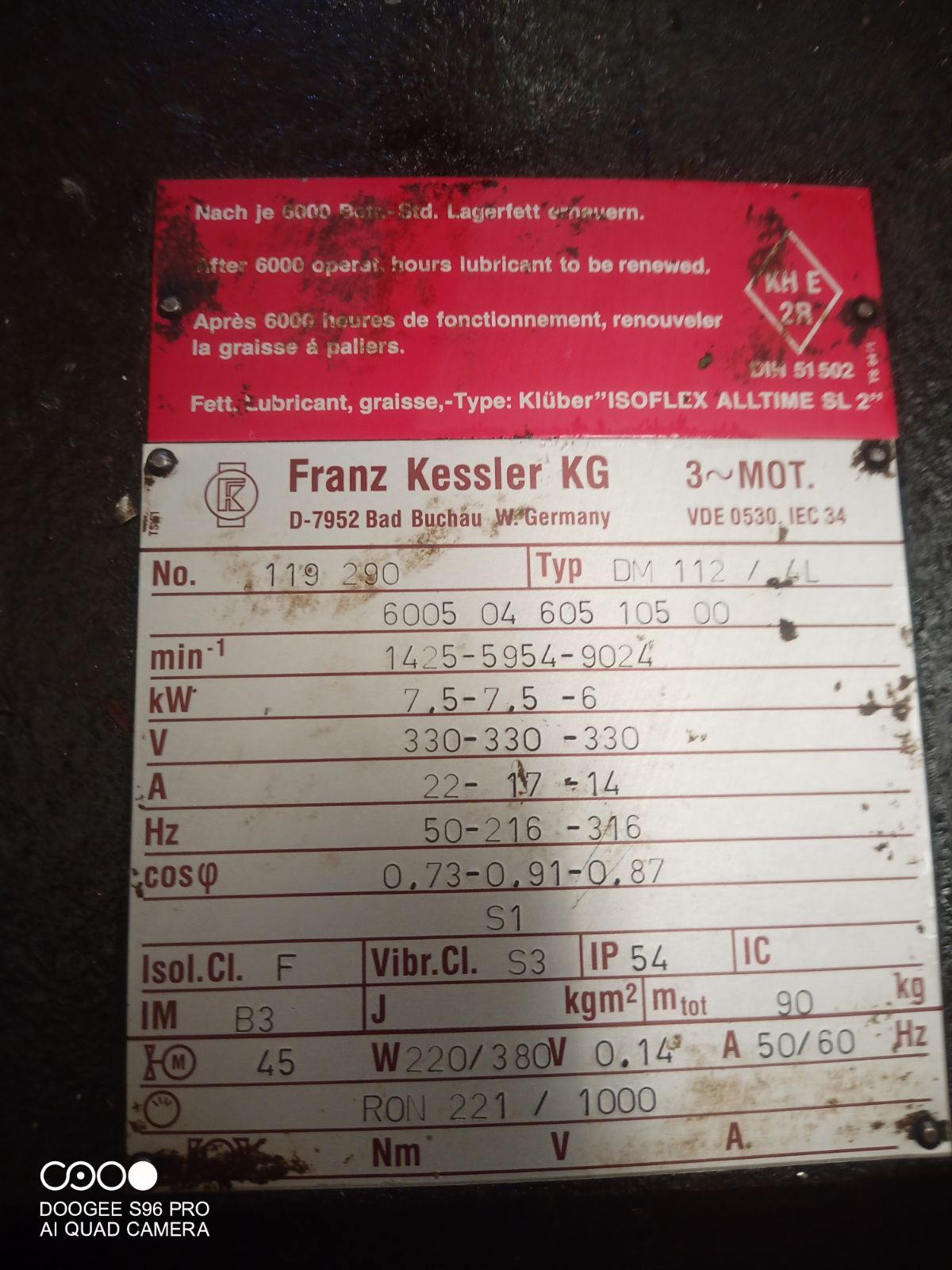 DM 112/4L, Franz Kessler KG Spindelmotor, für Deckel FP5 Bearbeitungszentrum, 7,5 - 7,5-6kW