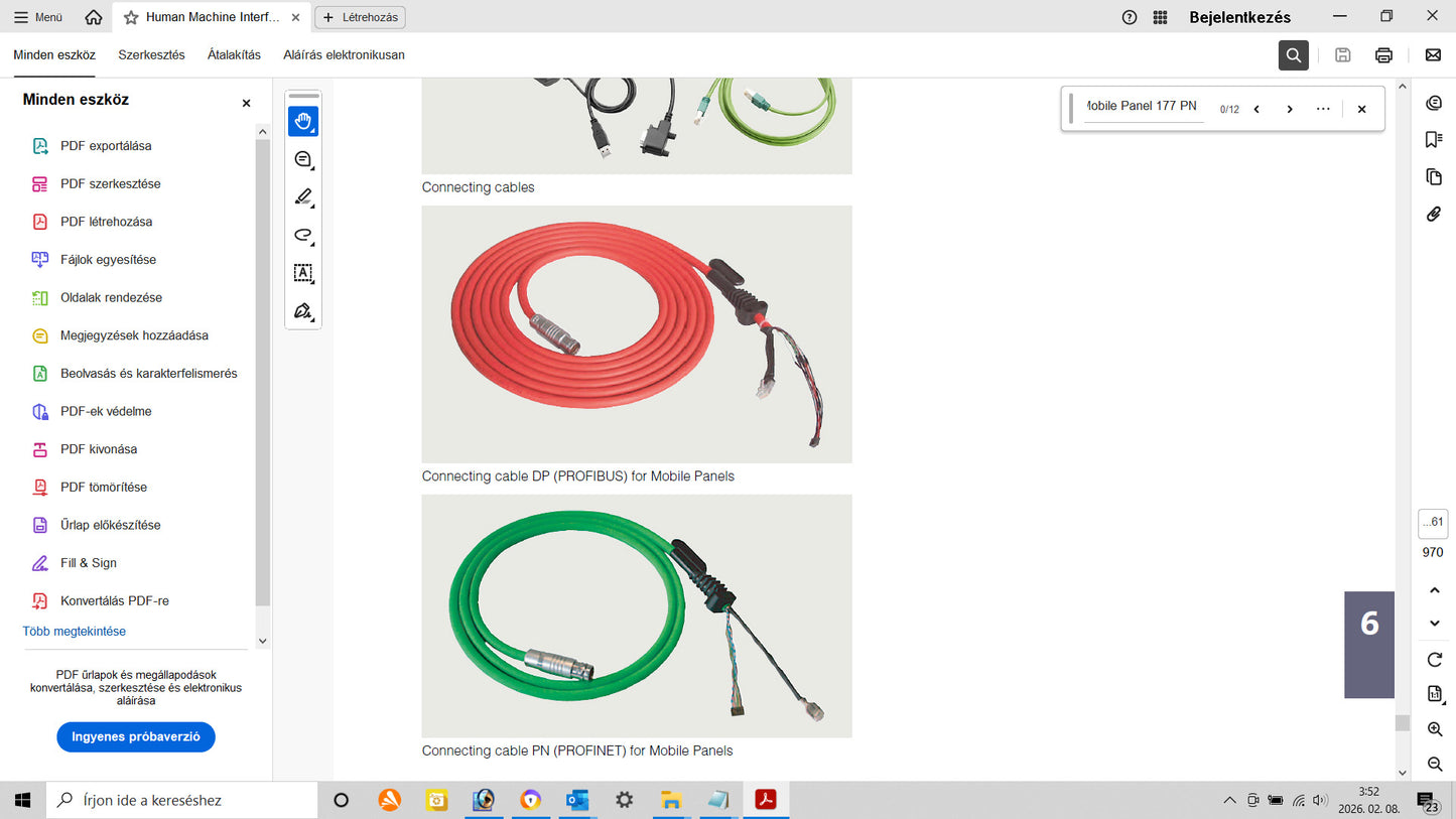 6XV1440-4BN10, csatlakozókábel, Mobil Panel PN-hez (PROFINET), Siemens