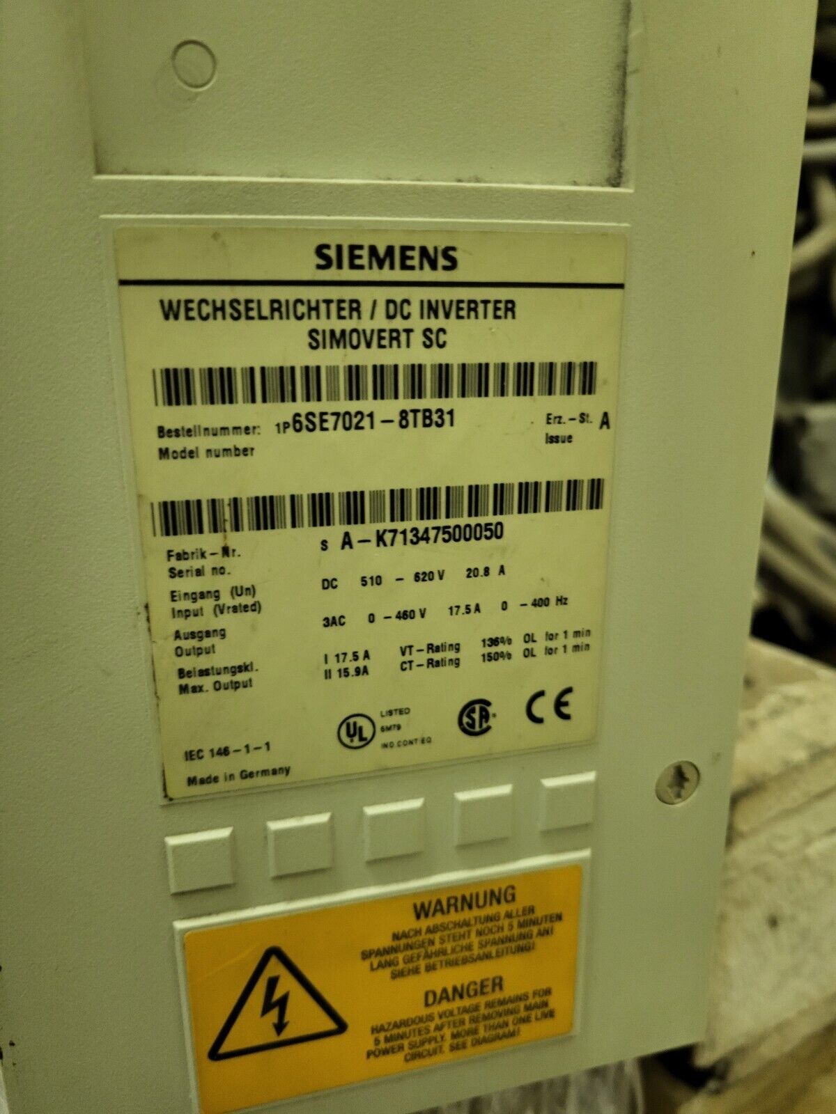 6SE7021-8TB31, Siemens SIMOVERT MASTERDRIVES, inverter, 7.5kW