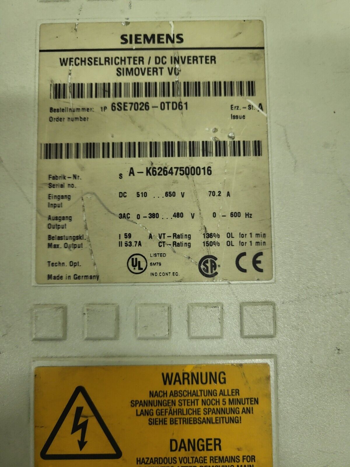 6SE7026-0TD61, Siemens Simovert Masterdrives vector control inverter, 30kW, 59A