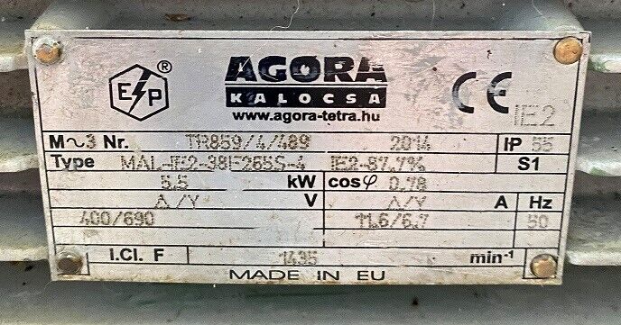 MAL-IE2-38F265S-4, 'Agóra Kalocsa'-márkájú, 5.5 kW, 3-fázisú villanymotor, szíjtárcsával