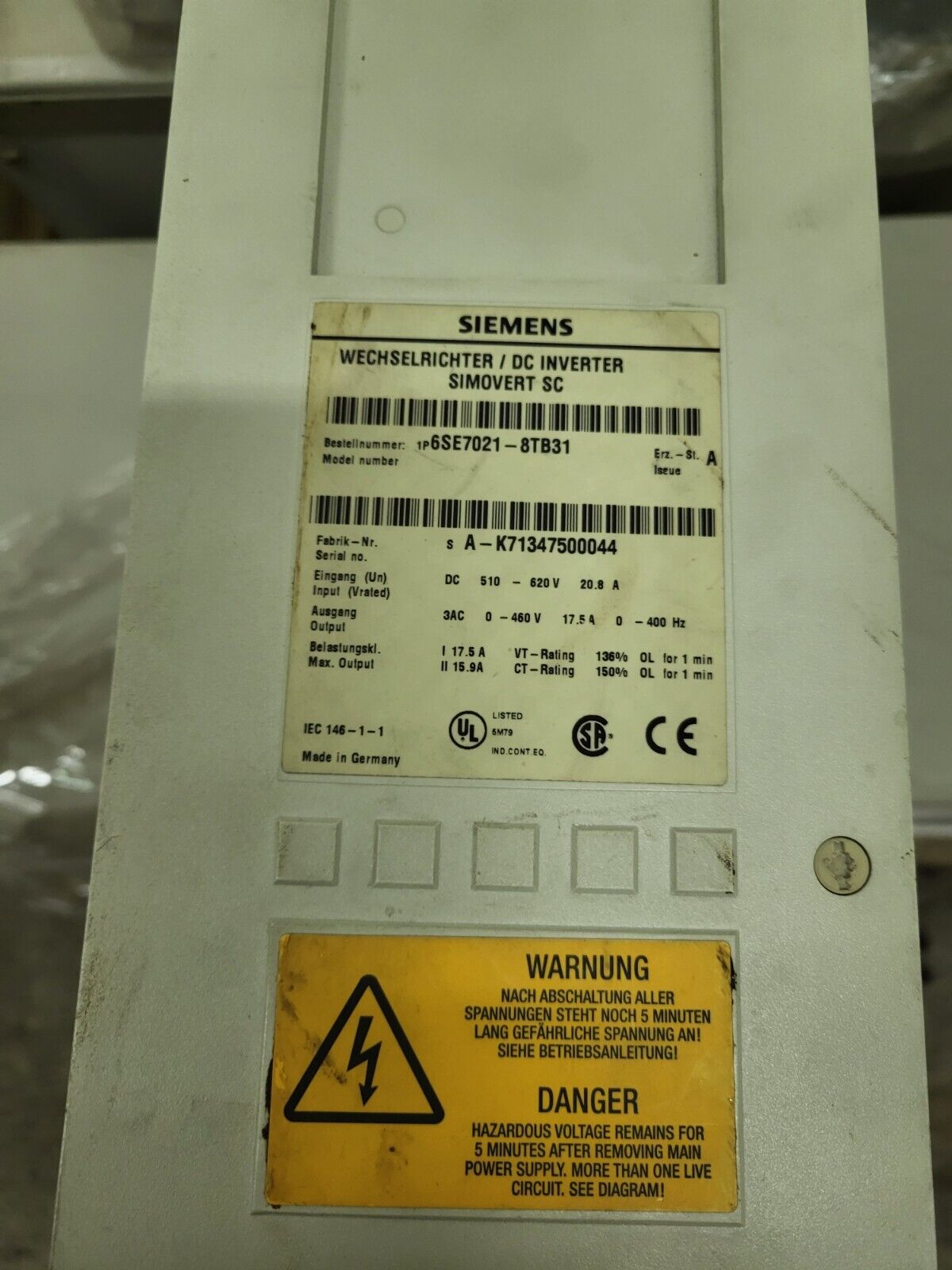 6SE7021-8TB31, Siemens SIMOVERT MASTERDRIVES, inverter, 7.5kW