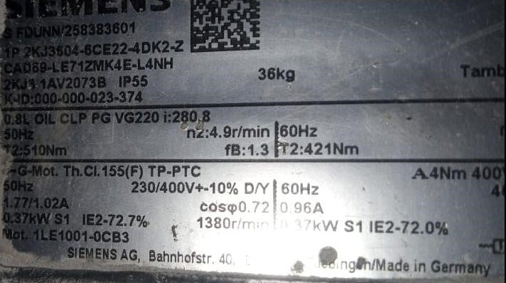 2KJ3504-6CE22-4DK2-Z, 0,37kW, kúpkerekes hajtóműves motor, SIMOGEAR, Siemens