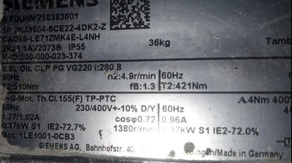 2KJ3504-6CE22-4DK2-Z, 0,37kW, kúpkerekes hajtóműves motor, SIMOGEAR, Siemens