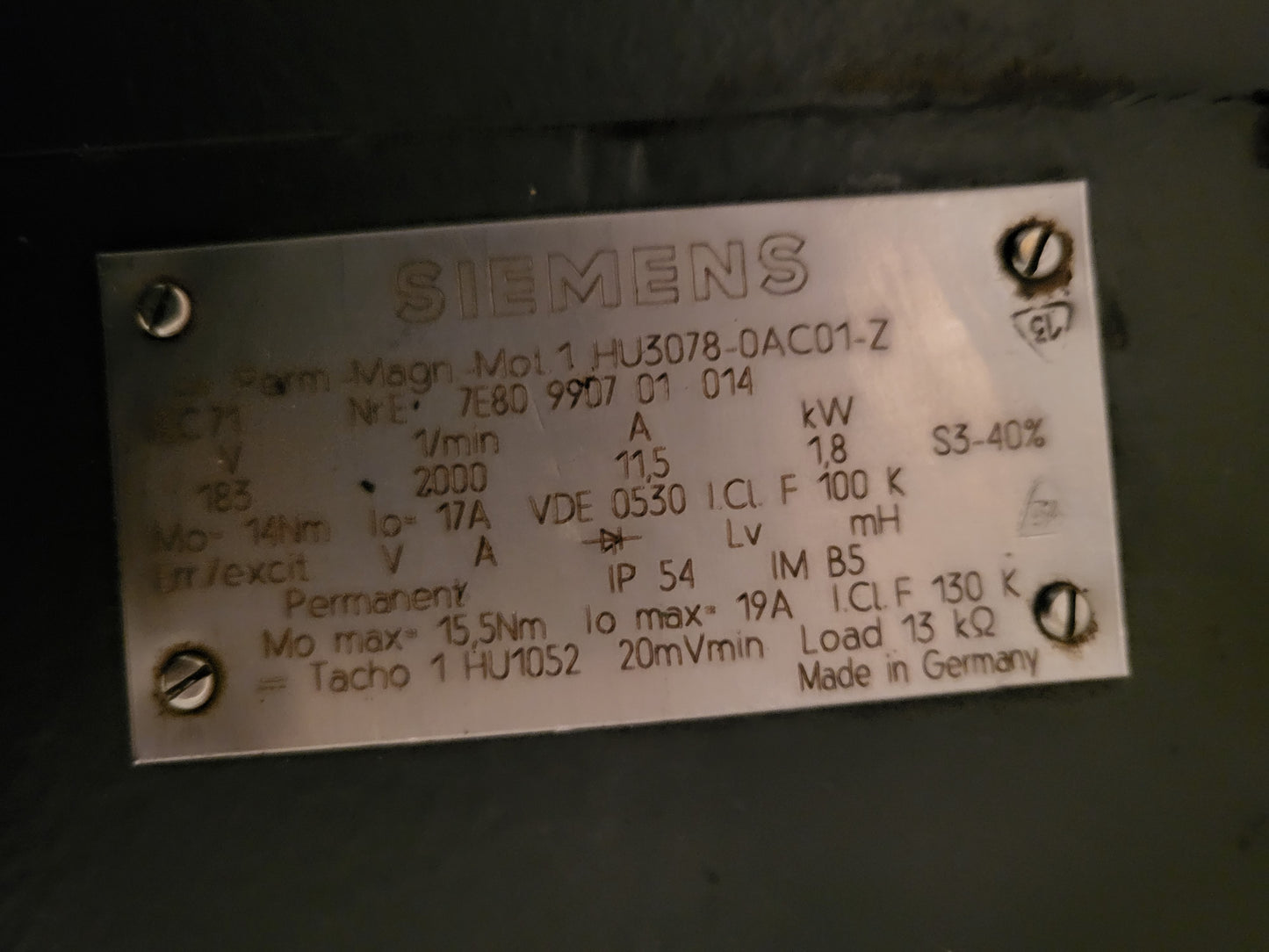 1HU3078-0AC01-Z, DC SZERVO MOTOR, 1.8kW, 14Nm