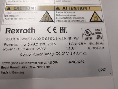 HCS01.1E-W0003-A-02-E-S3-EC-NN-NN-NN-FW, Indradrive, 1.1A, single-axis inverter
