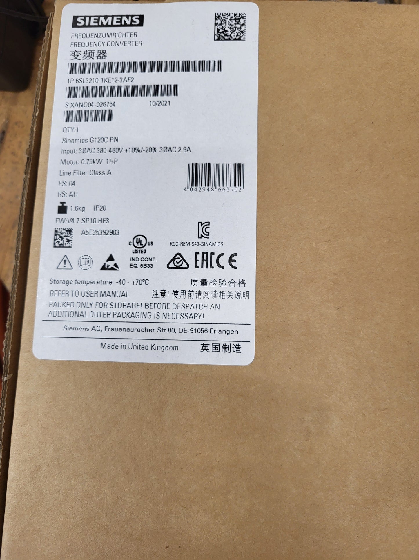 6SL3210-1KE12-3AF2, Sinamics G120C PN, 0.75kW frequency converter, Siemens