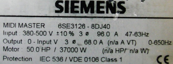 6SE3126-8DJ40, SIMOVERT P MIDI MASTER, 37 kW-os inverter, Siemens