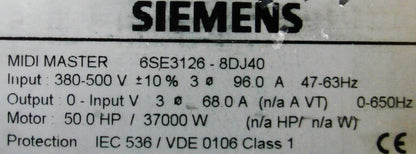 6SE3126-8DJ40, SIMOVERT P MIDI MASTER, 37 kW-os inverter, Siemens