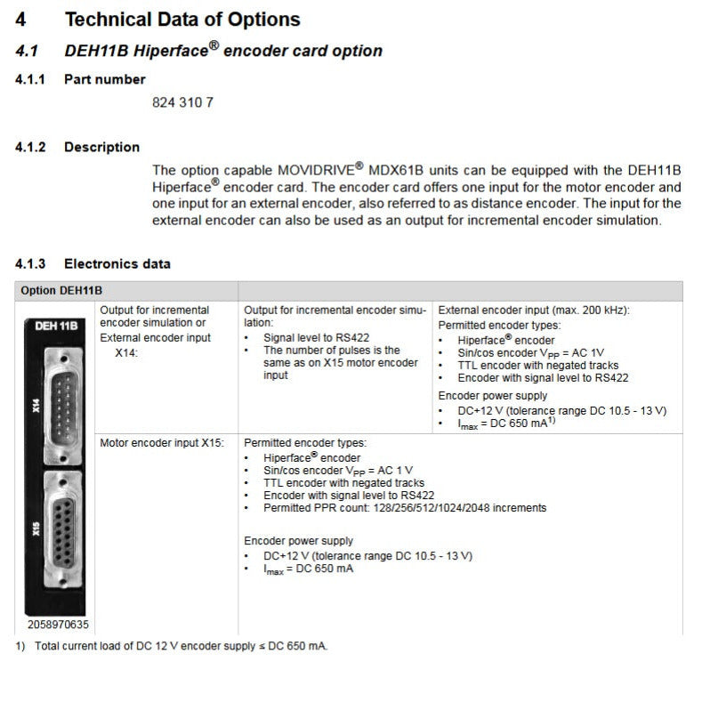 DEH11B, 8243107, Kommunikationskarte, Optionskarte für Wechselrichter „MDX61B0030-5A3-4-00, SEW, 7A, 3kW“, SEW-Eurodrive
