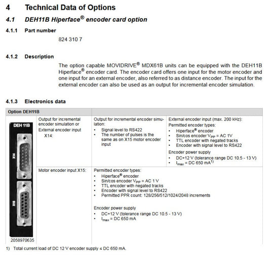 DEH11B, 8243107, Kommunikationskarte, Optionskarte für Wechselrichter „MDX61B0030-5A3-4-00, SEW, 7A, 3kW“, SEW-Eurodrive