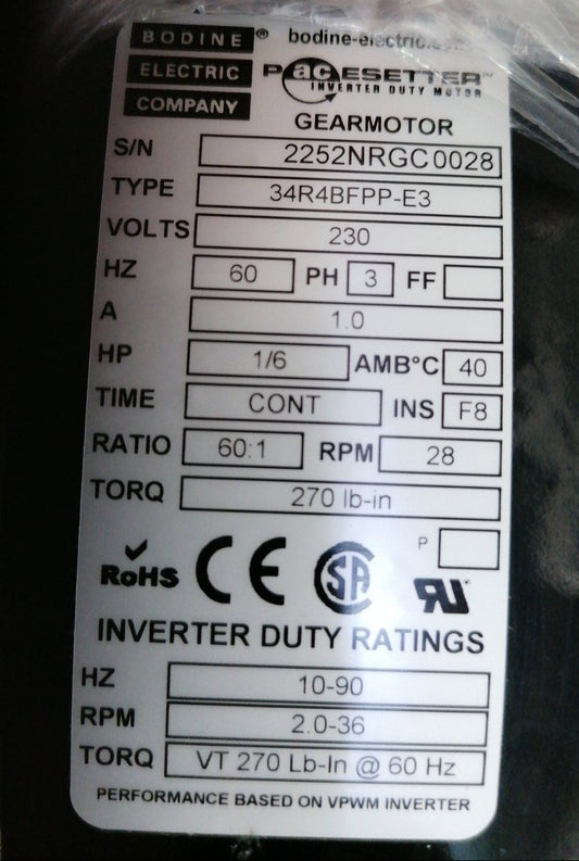 34R4BFPP-E3, Bodine hajtóműves motor, Pacesetter, 0.23kW