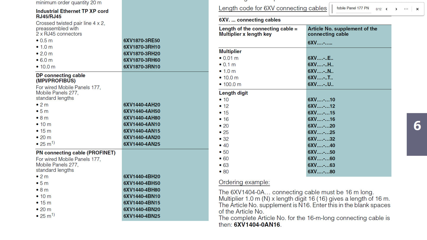 6XV1440-4AN10, csatlakozókábel Simatic Mobil Panel DP-hez (MPI/PROFIBUS), Siemens