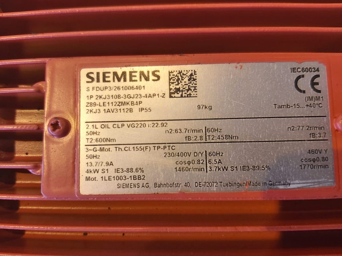 2KJ3108-3GJ23-4AP1-Z, SIMOGEAR Z89, Getriebemotor, 4kW, 600Nm, i=22,92, Siemens