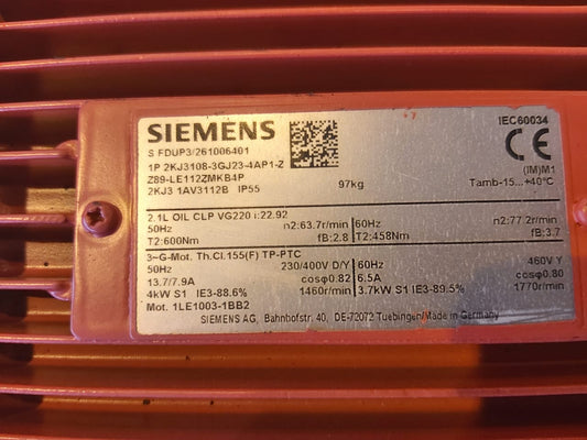 2KJ3108-3GJ23-4AP1-Z, SIMOGEAR Z89, hajtóműves motor, 4kW, 600Nm, i=22,92, Siemens