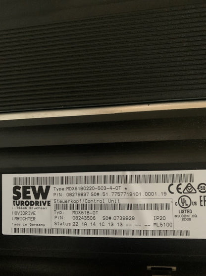 MDX61B-00/0T Steuerungshauptmodul, mit MDX61B0220-503-4-0T Steuerungseinheit, mit MDX60A0220-503-4-00 Umrichter: SEW Movidrive, 31,9 kVA, 46 A, 22 kW
