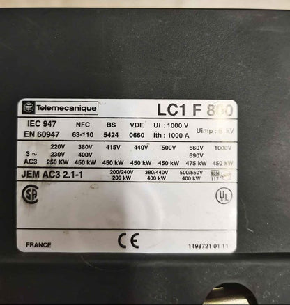 LC1F800, 3 pólusú teljesítmény-mágneskapcsoló, 1000A, Telemecanique