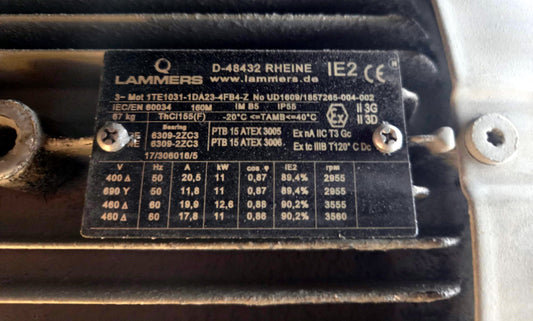 1TE1033-1DA23-4FB4-Z, 11kW, PTC - ATEX zone 2+22, ipari villanymotor, Lammers