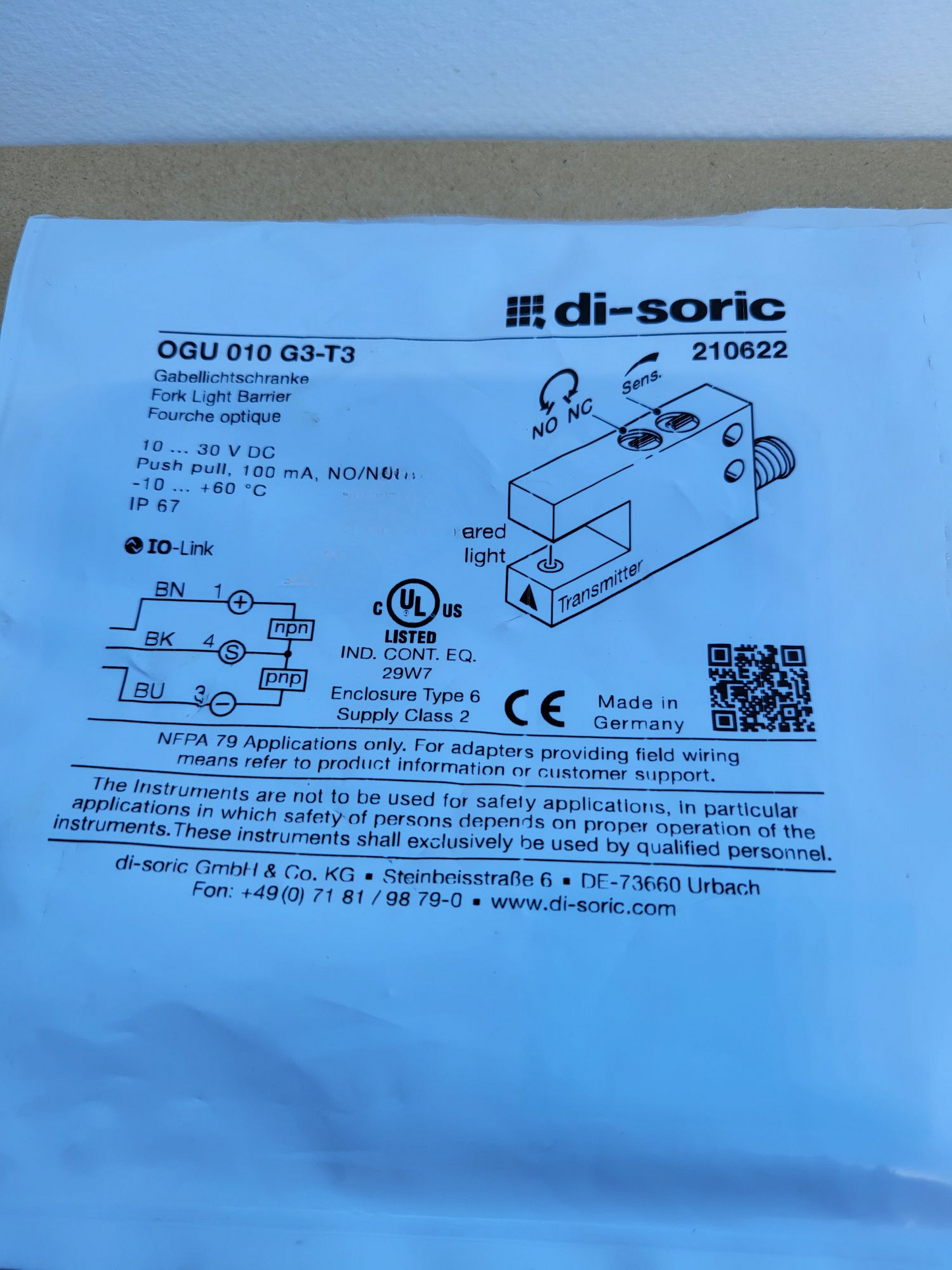 OGU 010 G3-T3 - Villás fénysorompó Ellenütemű / PNP / NPN 10mm 30V 30mA IP67 OGU, Di-Soric