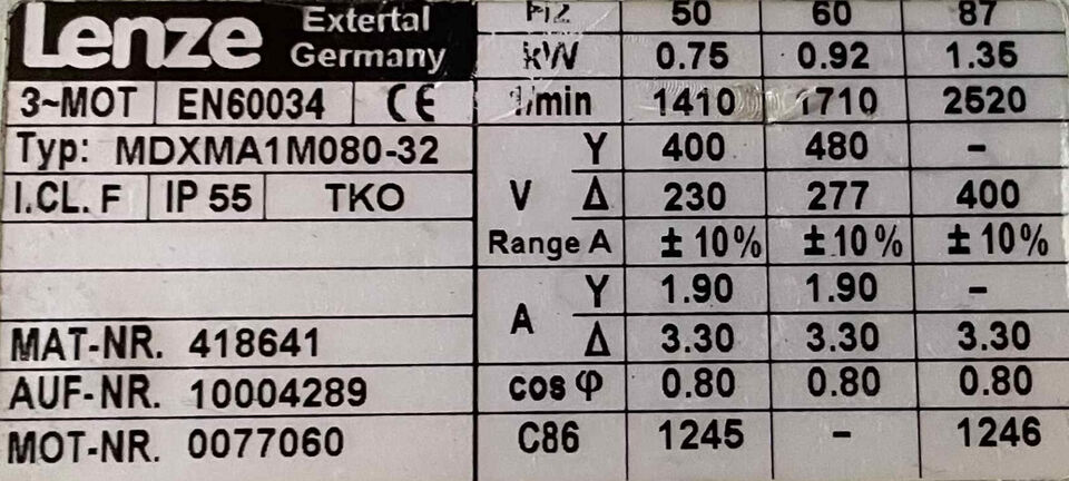 MDXMA1M080-32, aszinkron motor, Lenze, 0.75kW