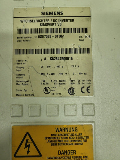 6SE7026-0TD61, Siemens Simovert Masterdrives vector control inverter, 30kW, 59A