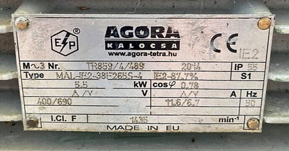 MAL-IE2-38F265S-4, 'Agóra Kalocsa'-márkájú, 5.5 kW, 3-fázisú villanymotor, szíjtárcsával